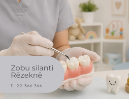 Zobu silantu uzklāšana bērniem Rēzeknē – zobu higiēnists demonstrē silanta uzklāšanu uz zoba modelīša Medicīnas centrs 36,6