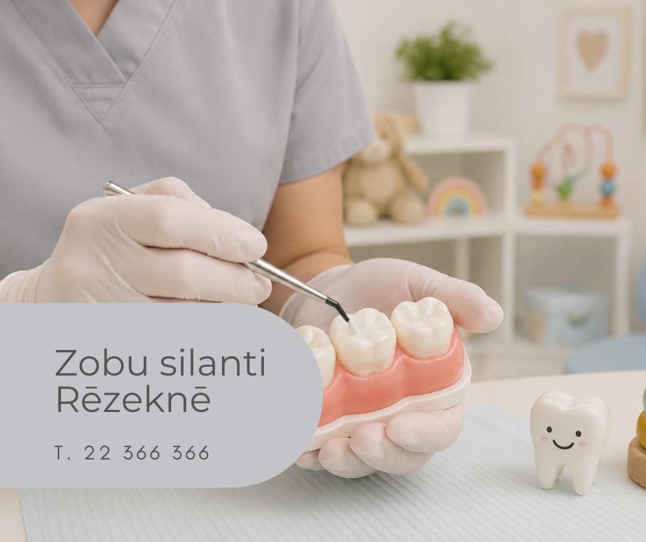 Zobu silantu uzklāšana bērniem Rēzeknē – zobu higiēnists demonstrē silanta uzklāšanu uz zoba modelīša Medicīnas centrs 36,6