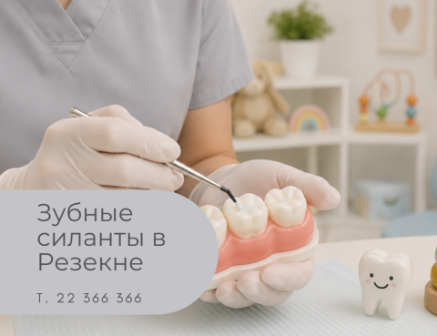 Нанесение зубных силантов детям в Резекне – зубной гигиенист демонстрирует нанесение силанта на модель зуба в Медицинский центр 36,6