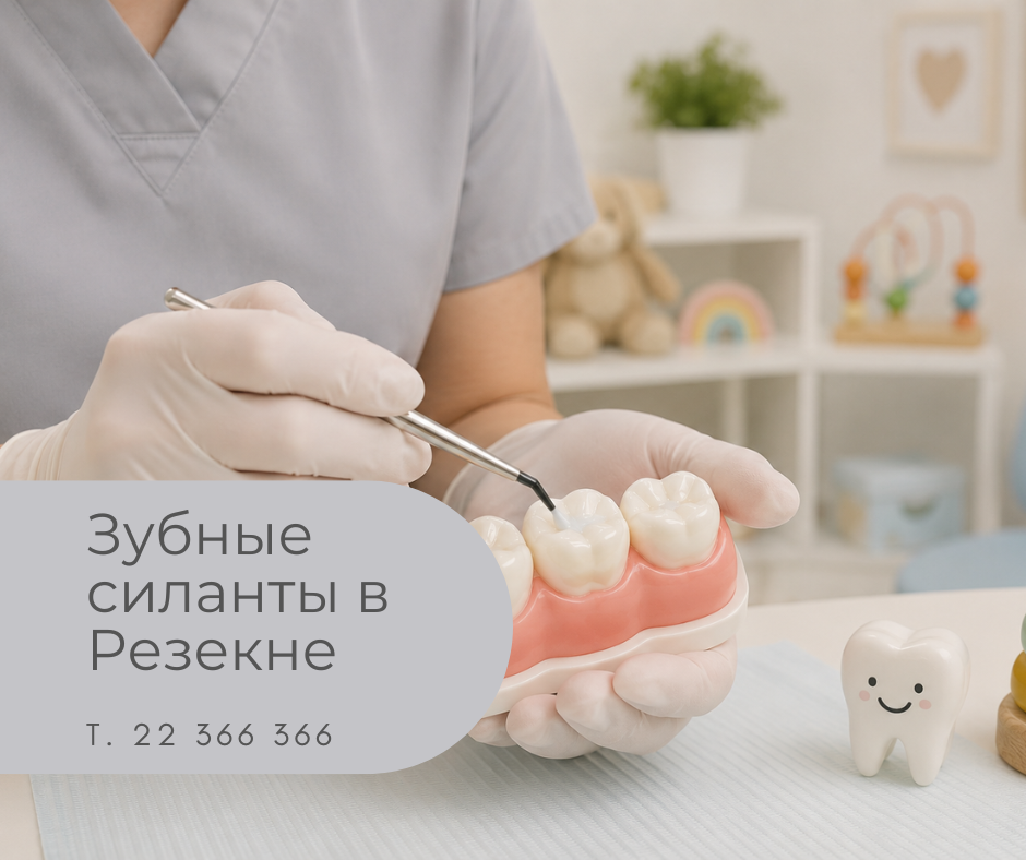 Нанесение зубных силантов детям в Резекне – зубной гигиенист демонстрирует нанесение силанта на модель зуба в Медицинский центр 36,6