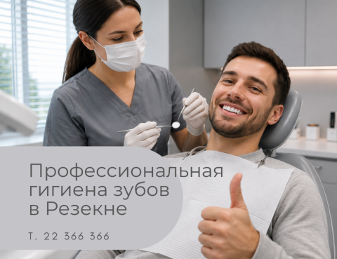 Профессиональная гигиена зубов в Резекне – пациент в стоматологическом кресле после гигиены зубов показывает большой палец в Медицинский центр 36,6