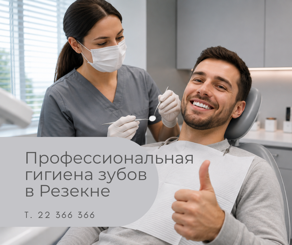 Профессиональная гигиена зубов в Резекне – пациент в стоматологическом кресле после гигиены зубов показывает большой палец в Медицинский центр 36,6